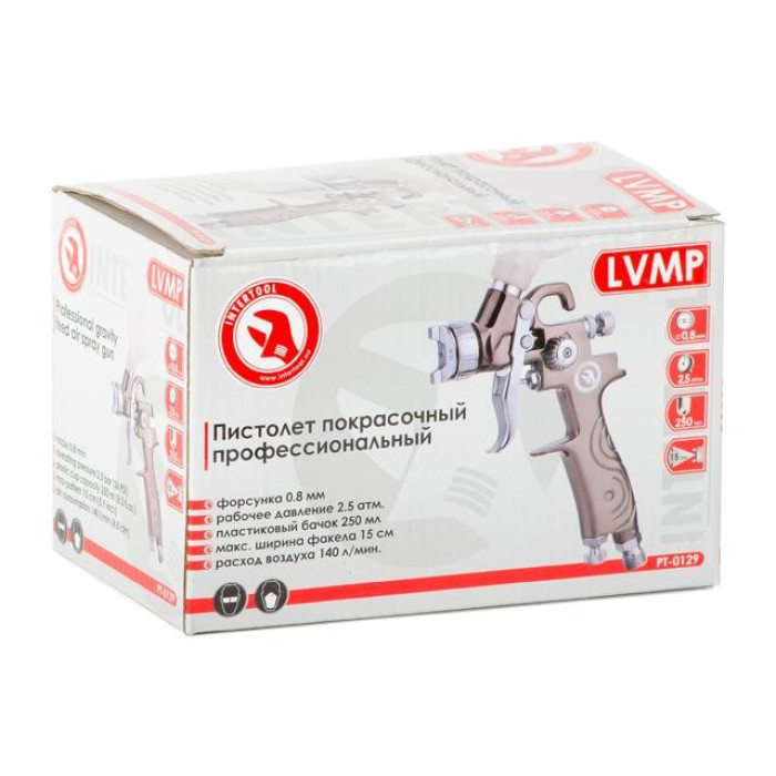 Купити Краскопульт пневматичний LVMP MINI форсунка 0.8 мм, пластиковий бачок верхній 250 мл, 2-2.5 бар INTERTOOL PT-0129 в Україні