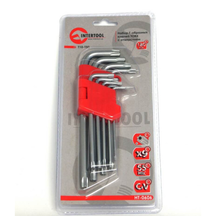 Купити Набір Г-подібних ключів TORX з отвором 9 шт, Т10-Т50, Cr-V, Big INTERTOOL HT-0606 в Україні