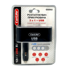 Розгалужувач прикурювача 3в1+USB з LED підсвічуванням Carlife 12В,4А
