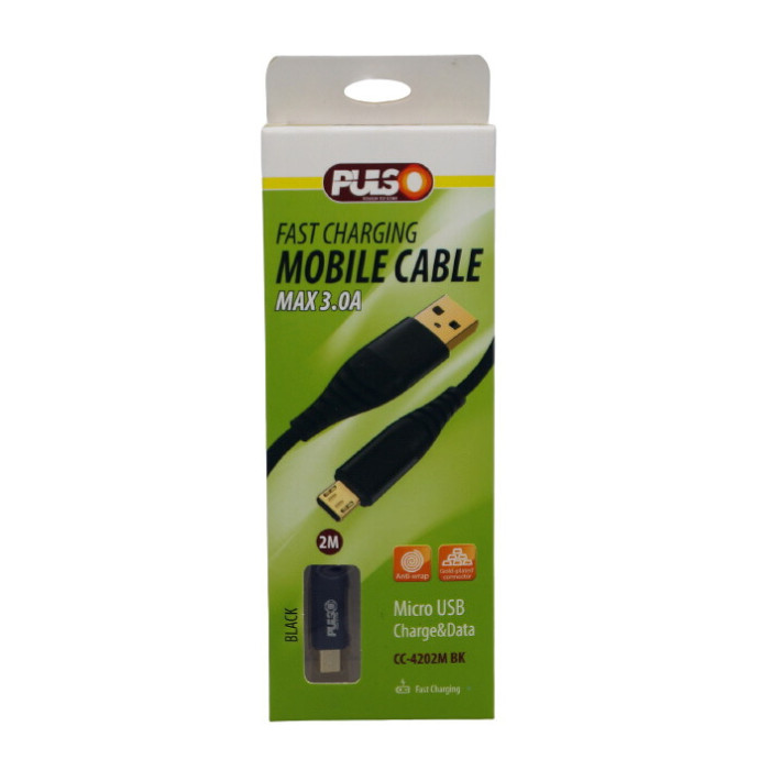 Купити Кабель PULSO USB - Micro USB 3А, 2м, black (швидка зарядка/передача даних) (CC-4202M BK) в Україні