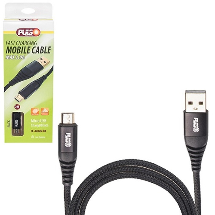 Купити Кабель PULSO USB - Micro USB 3А, 2м, black (швидка зарядка/передача даних) (CC-4202M BK) в Україні