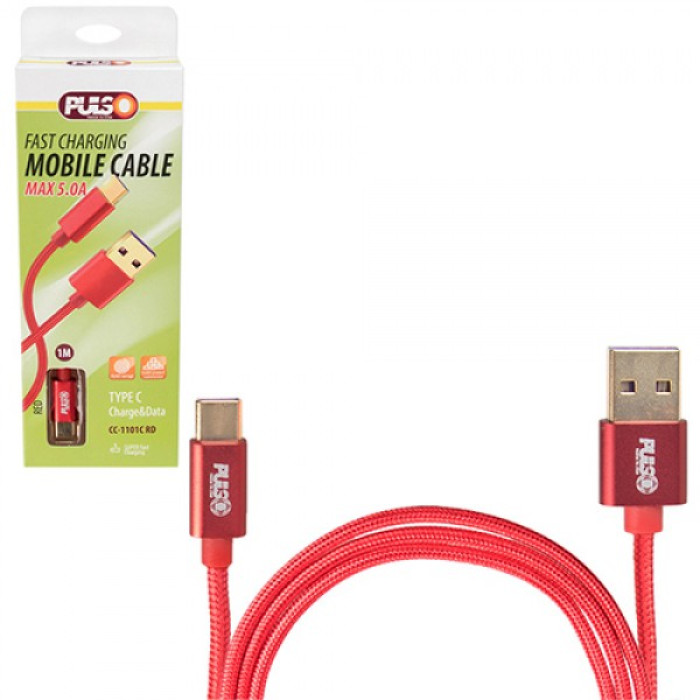Купити Кабель PULSO USB - type c 5а, 1м, red (супер швидка зарядка/передача даних) (CC-1101С RD) в Україні