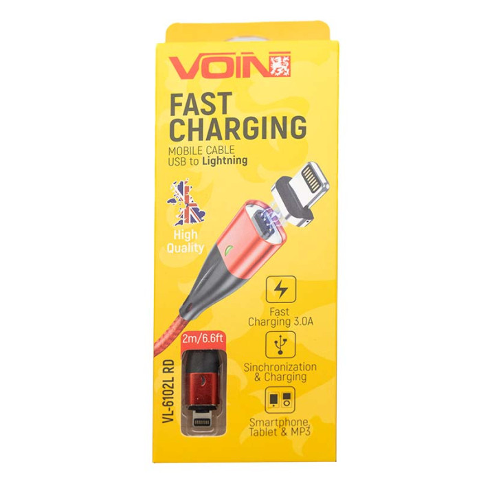 Купити Кабель магнітний VOIN USB - Lightning 3A, 2m, червоний (швидка зарядка/передача даних) в Україні