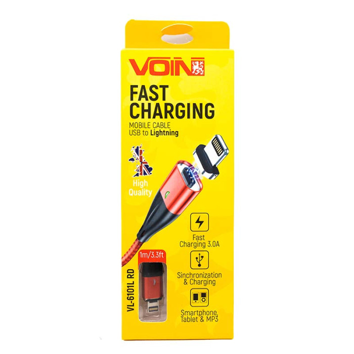 Купити Кабель магнітний VOIN USB - Lightning 3A, 1м, червоний (швидка зарядка/передача даних) арт. VL-61011L RD в Україні