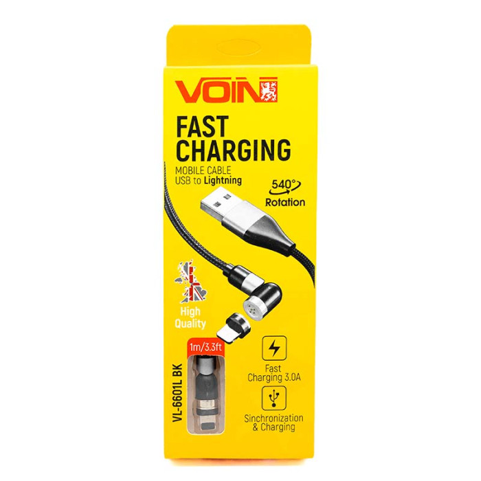 Купити Кабель магнітний шарнірний VOIN VL-6601L BK USB - Lightning 3А, 1м, black (швидка зарядка/передача даних) в Україні