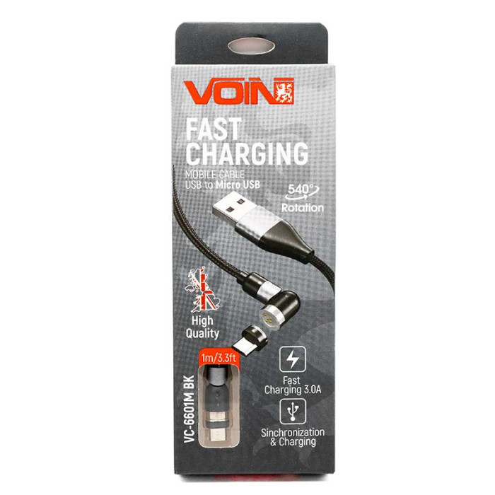 Купити Кабель магнітний шарнірний VOIN USB - Micro USB 3A, 1m, black Fast charging в Україні