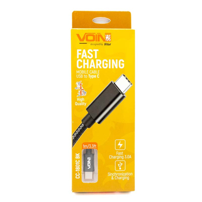 Купити Кабель VOIN USB - Type C 3A, 1m чорний, Fast charging (CC-1801C BK) в Україні