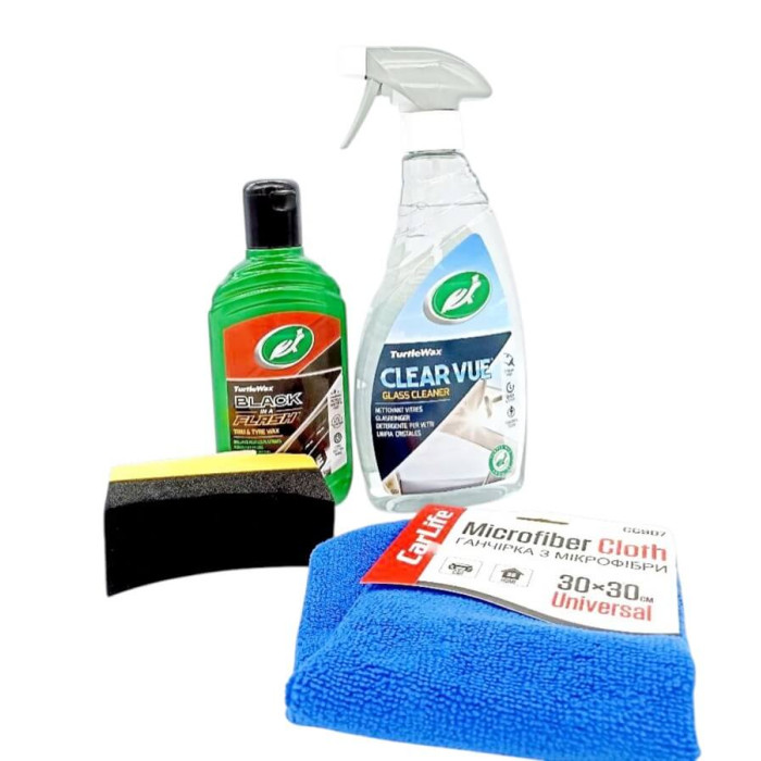 Купити Набір для очищення Turtle Wax: очисник скла + засіб для пластику та гуми (аплікатор та мікрофібра) в Україні